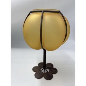 Vintage Art Deco Handblown Caged Amber Glass Wrought Iron Pedestal Candle Holder